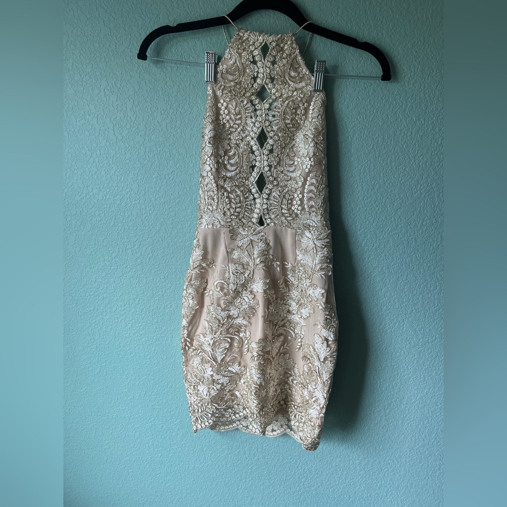 Selfie Leslie Gold Embroidered Mini Dress
